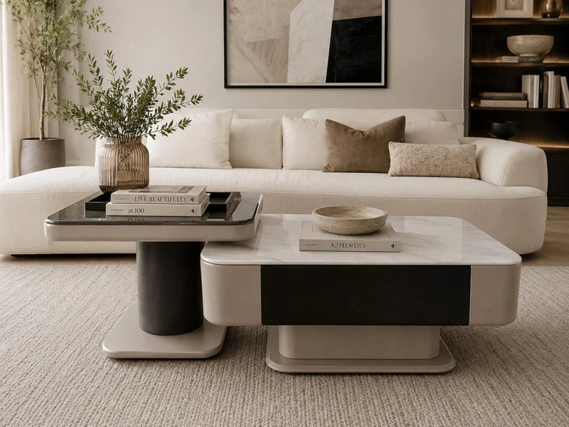 Bàn trà đôi RIVA 505 đặt trong không gian phòng khách hiện đại với sofa trắng, thảm be và kệ sách. Bàn lớn có mặt kính trắ…