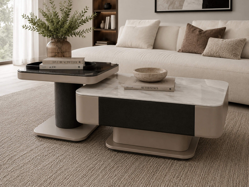 Bàn trà đôi RIVA 505 chụp từ góc cao hơn, nhìn rõ mặt bàn và các vật dụng trang trí như sách, bát đá. Bàn lớn có mặt kính…