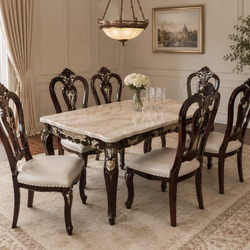 Bộ bàn ghế ăn VICTORIA ROSE 6 ghế được bài trí trong phòng ăn ấm cúng, ánh sáng tự nhiên. Bàn ăn mặt đá cẩm thạch màu be…