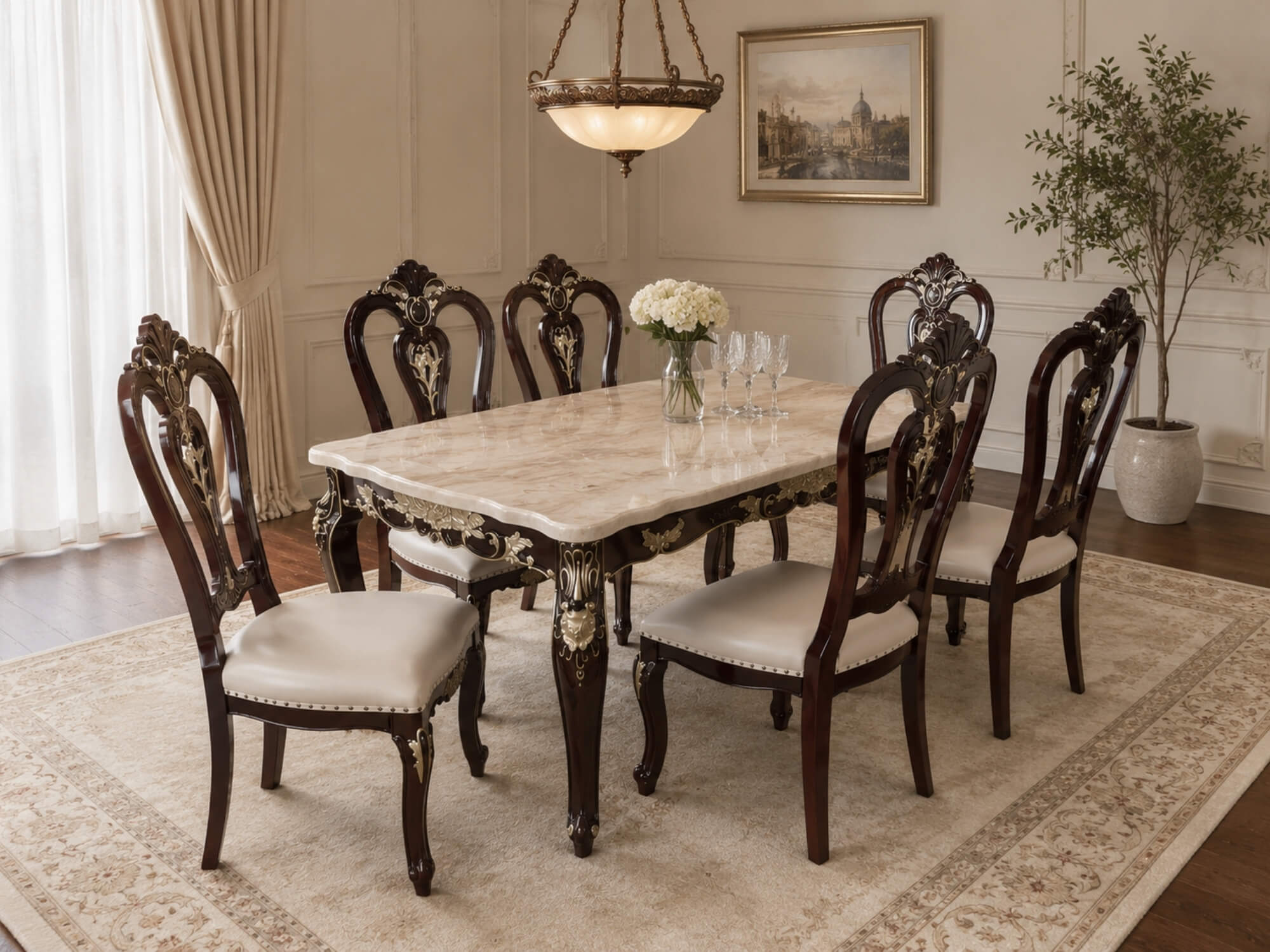 Bộ bàn ghế ăn VICTORIA ROSE 6 ghế được bài trí trong phòng ăn ấm cúng, ánh sáng tự nhiên. Bàn ăn mặt đá cẩm thạch màu be…