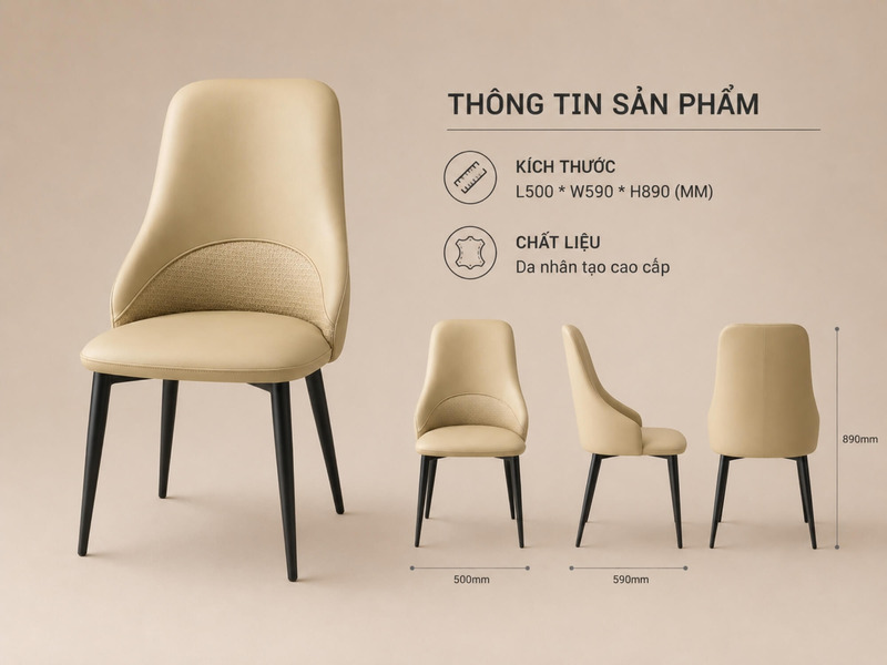 Hình ảnh tổng hợp ghế ăn CREST GA455 với nhiều góc nhìn (chính diện, nghiêng, sau) và thông tin chi tiết về kích thước L50…