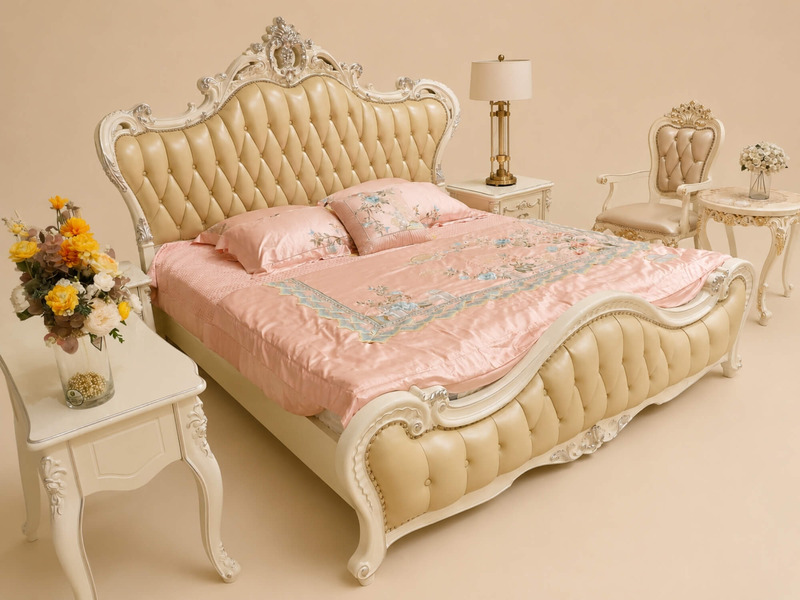 Giường MONARCHIA 1m8 trong bối cảnh phòng ngủ ấm cúng, chụp từ góc rộng. Giường có đầu và đuôi bọc da màu kem/vàng nhạt, k…