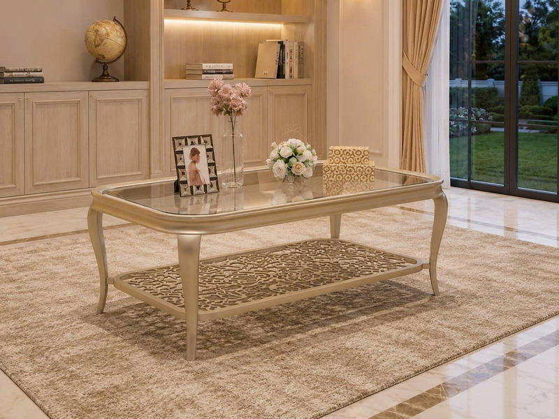 Bàn trà chữ nhật BTM102-2 phong cách Mỹ, chụp chính diện trong không gian phòng khách sang trọng. Bàn có khung gỗ sồi nhập…