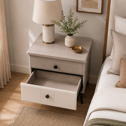 Tab Đầu Giường Nhập Khẩu TA21 chụp từ góc trên, ngăn kéo dưới đang mở hé để lộ không gian lưu trữ bên trong. Ngăn kéo màu…