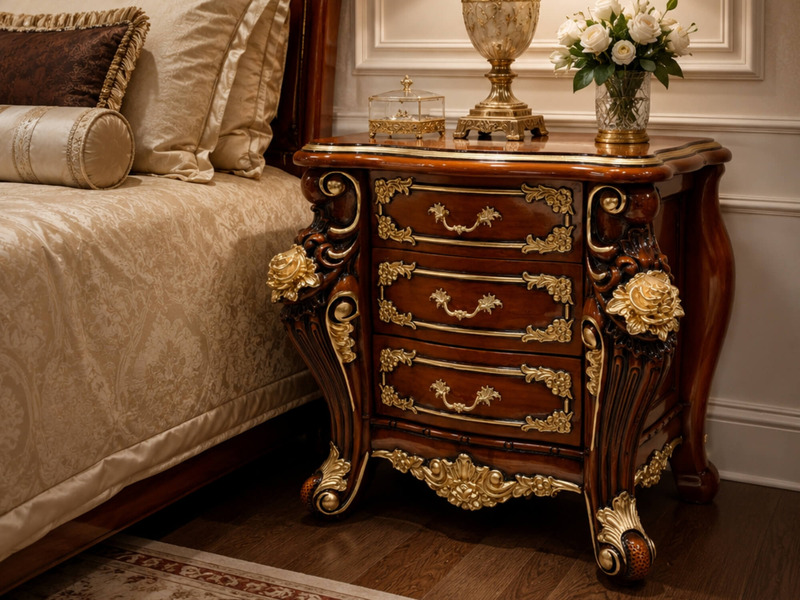 Góc chụp cận cảnh tủ đầu giường GOLDEN ROSE TA926 đặt cạnh giường ngủ lớn. Tủ có ba ngăn kéo với tay nắm kim loại mạ vàng…