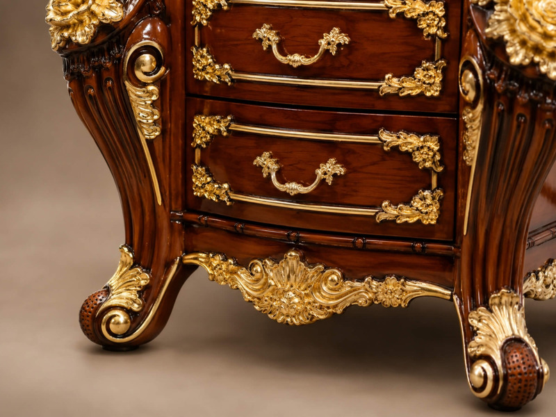 Cận cảnh phần thân dưới và các ngăn kéo của tủ đầu giường GOLDEN ROSE TA926. Các chi tiết hoa văn mạ vàng được chạm khắc…
