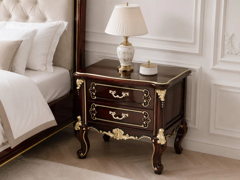 Tủ đầu giường Versailles A15 phong cách tân cổ điển, đặt cạnh giường ngủ bọc nệm màu kem. Tủ có hai ngăn kéo, màu nâu đỏ b…