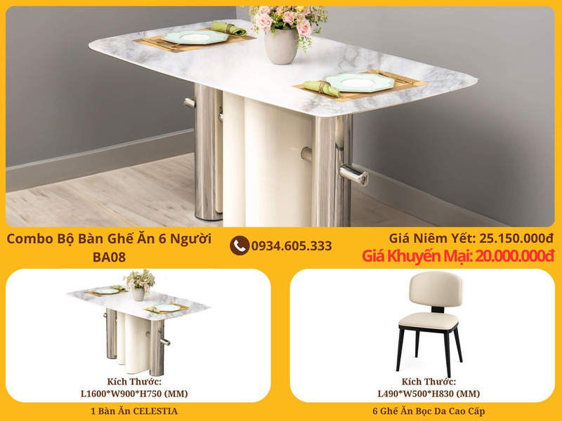 Hình ảnh tổng thể bộ bàn ghế ăn 6 người BA08, chụp từ góc nghiêng, làm nổi bật bàn ăn mặt đá trắng vân mây hình chữ nhật b…