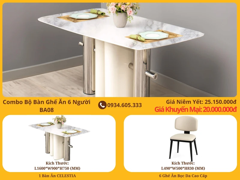 Hình ảnh tổng thể bộ bàn ghế ăn 6 người BA08, chụp từ góc nghiêng, làm nổi bật bàn ăn mặt đá trắng vân mây hình chữ nhật b…