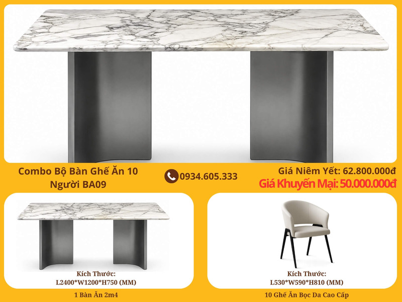 Hình ảnh tổng thể combo bàn ghế ăn 10 người BA09 phong cách hiện đại luxury. Bàn ăn có mặt đá marble trắng vân mây sang tr…