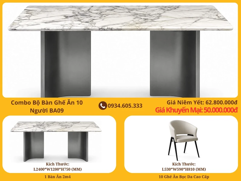 Hình ảnh tổng thể combo bàn ghế ăn 10 người BA09 phong cách hiện đại luxury. Bàn ăn có mặt đá marble trắng vân mây sang tr…