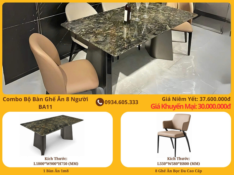 Combo bàn ghế ăn 8 người BA11 chụp từ góc trên, tổng thể hiện đại và sang trọng. Mặt bàn đá vân đen nâu độc đáo, chân bàn…
