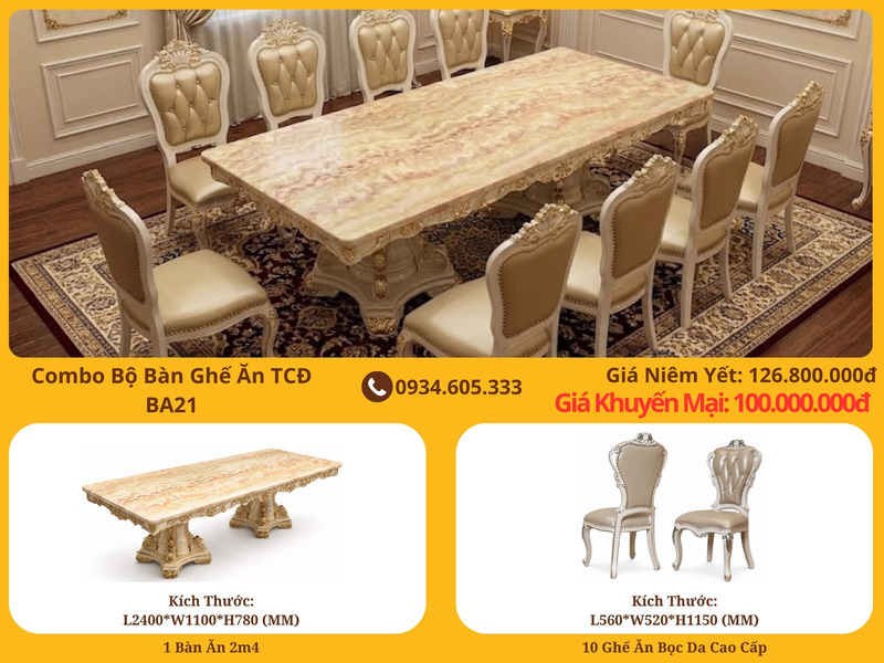 Bộ bàn ghế ăn tân cổ điển BA21 được chụp tổng thể trong phòng ăn sang trọng. Bàn ăn chữ nhật lớn với mặt đá tự nhiên vân m…