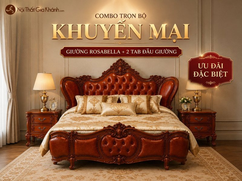 Ảnh tổng thể combo giường ngủ ROSABELLA và hai tab đầu giường, chụp chính diện trong bối cảnh phòng ngủ sang trọng. Giường…
