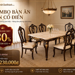 Toàn cảnh bộ bàn ghế ăn VICTORIA ROSE 6 ghế phong cách tân cổ điển trong không gian phòng ăn sang trọng. Bàn ăn mặt đá vân…