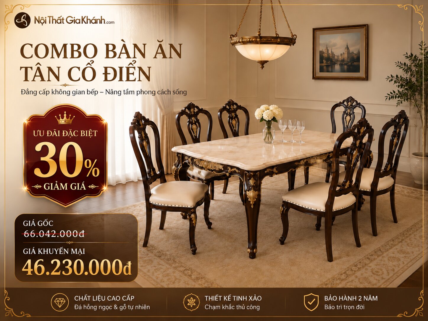 Toàn cảnh bộ bàn ghế ăn VICTORIA ROSE 6 ghế phong cách tân cổ điển trong không gian phòng ăn sang trọng. Bàn ăn mặt đá vân…