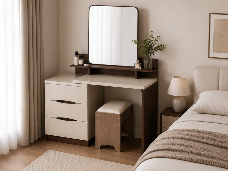 Bàn phấn LIVIA được đặt gọn gàng cạnh giường ngủ, góc chụp hơi nghiêng. Thiết kế quiet-luxury với mặt bàn rộng rãi màu kem…