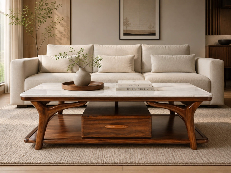 Bàn trà ARBOR đặt giữa không gian phòng khách ấm cúng, phía sau là bộ sofa màu kem nhạt, trên bàn có bình hoa và sách. Bàn…