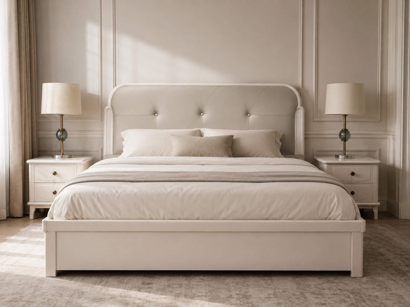 Giường ngủ ALTHEA GN2463 1m8 đặt trong không gian phòng ngủ hiện đại, chụp chính diện. Giường đã được trang bị đệm, ga gối…