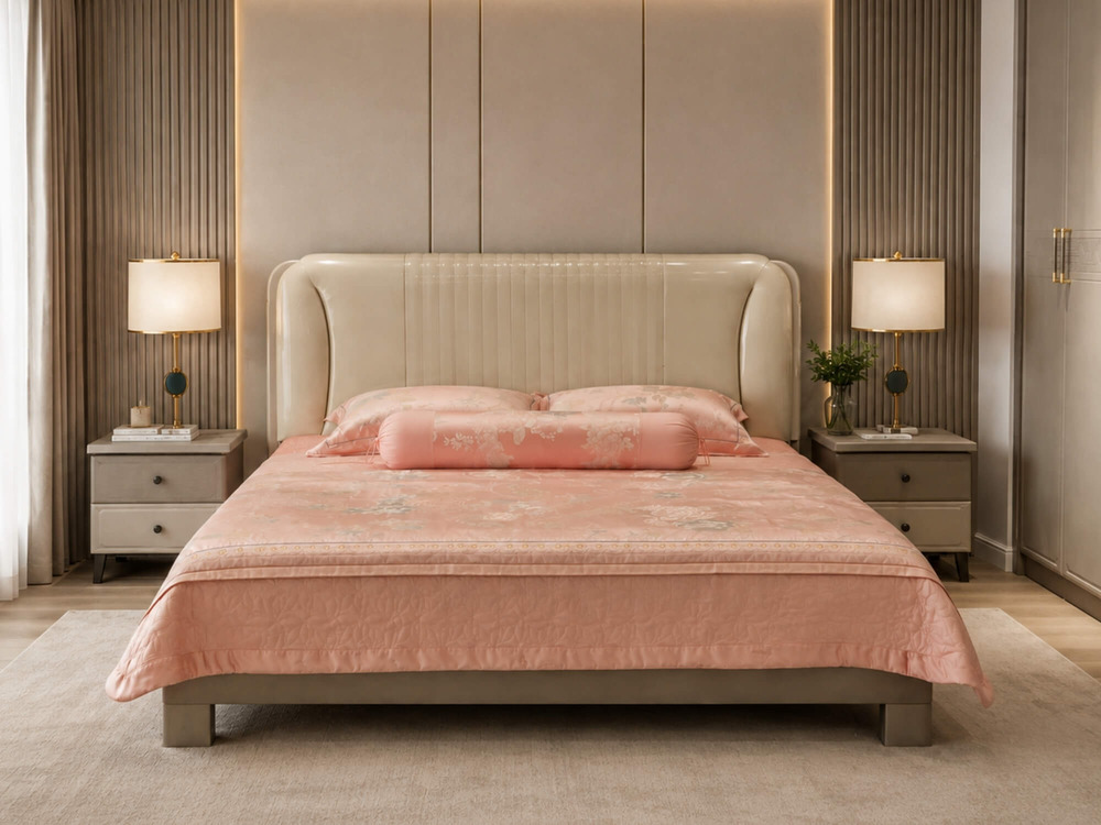 Giường Ngủ AMARIS 1m8 được chụp chính diện, toàn cảnh trong không gian phòng ngủ hiện đại. Giường có đầu giường bọc da nhâ…