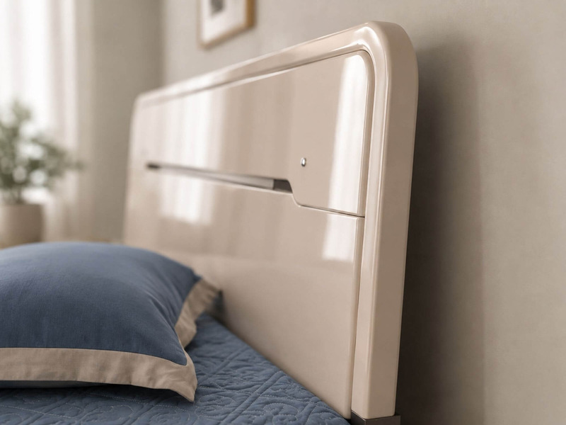 Cận cảnh đầu giường Giường Ngủ CELINE từ góc nghiêng, làm nổi bật đường cong mềm mại và bề mặt màu kem bóng sang trọng. Ch…