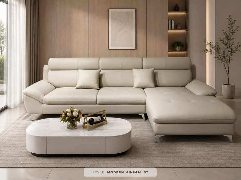 Sofa góc COASTAL II bọc da công nghiệp màu be nhạt, thiết kế hiện đại, đặt trong phòng khách sang trọng với bàn trà mặt đá…