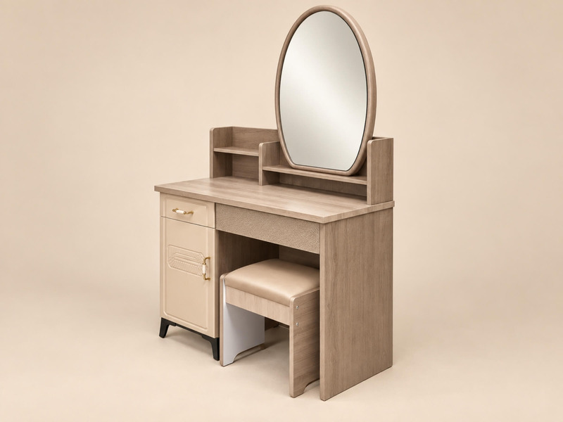 Bàn phấn ELARA BD31 được chụp từ góc hơi chếch, làm nổi bật cấu trúc tổng thể và các chi tiết. Bàn có hai kệ nhỏ hai bên g…
