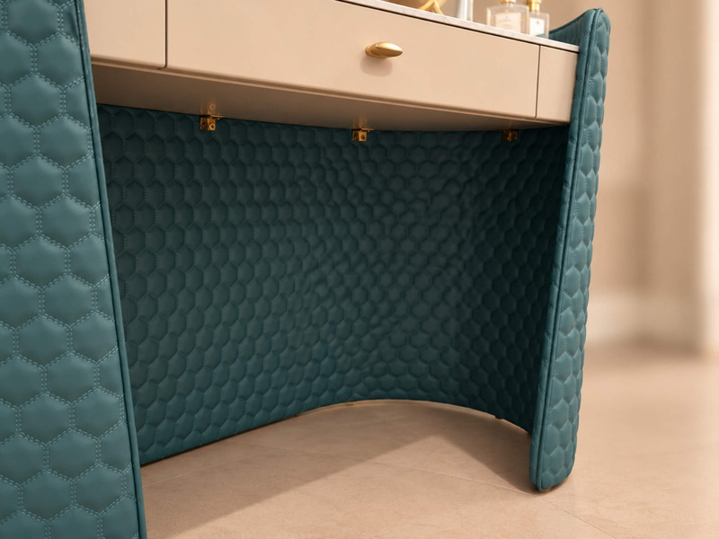 Chi tiết chân bàn trang điểm VELOURA CD06, chụp từ góc thấp. Chân bàn bọc da xanh ngọc lục bảo họa tiết hình lục giác nổi…