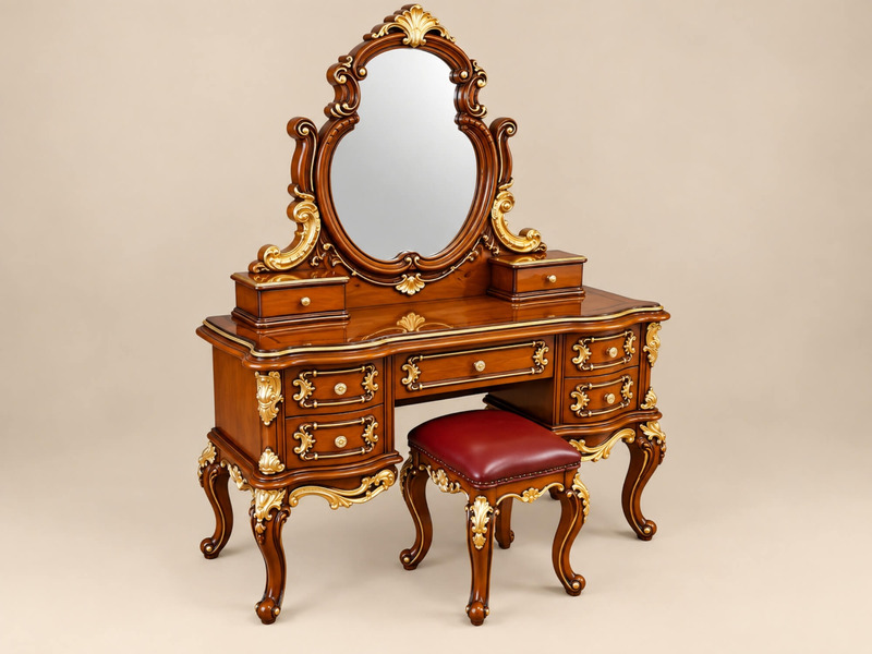 Bàn trang điểm VERSAILLES - BP8808 nhìn từ góc hơi chếch, làm nổi bật cấu trúc bàn với nhiều ngăn kéo tiện lợi ở hai bên v…