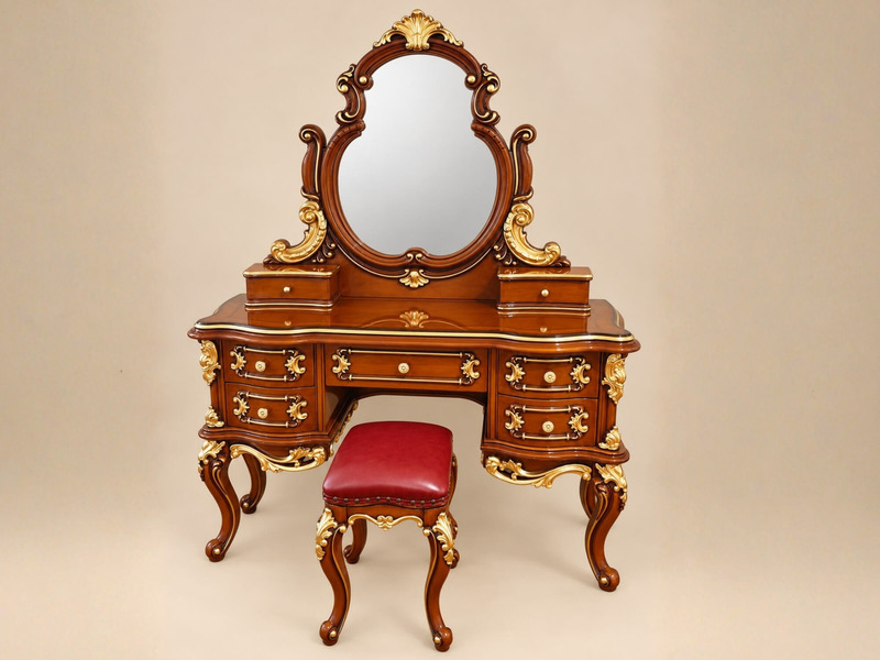 Bàn phấn VERSAILLES - BP8808 được chụp chính diện, thể hiện toàn bộ vẻ đẹp tân cổ điển với khung gỗ tự nhiên màu nâu bóng…