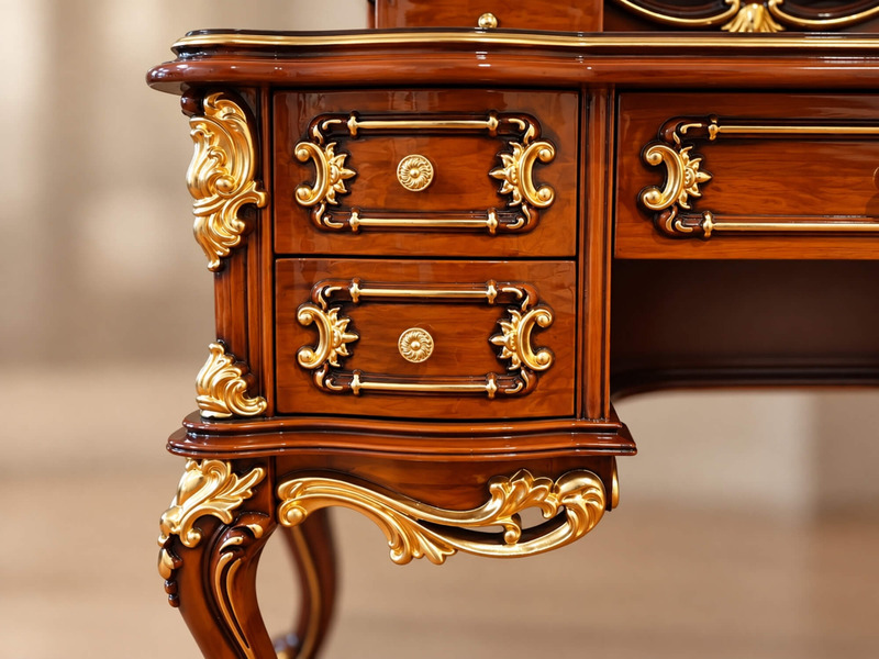 Cận cảnh các ngăn kéo và chân bàn của bàn phấn VERSAILLES. Tay nắm ngăn kéo tròn nhỏ nhắn, kết hợp với các chi tiết chạm k…