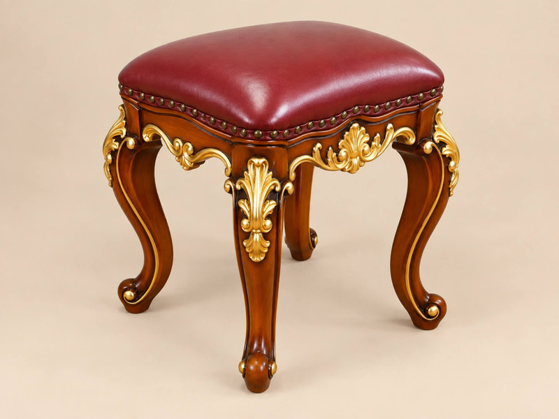 Cận cảnh ghế đôn đi kèm bàn phấn VERSAILLES, với mặt ghế bọc da màu đỏ đô sang trọng, được viền bởi các đinh tán nhỏ tinh…
