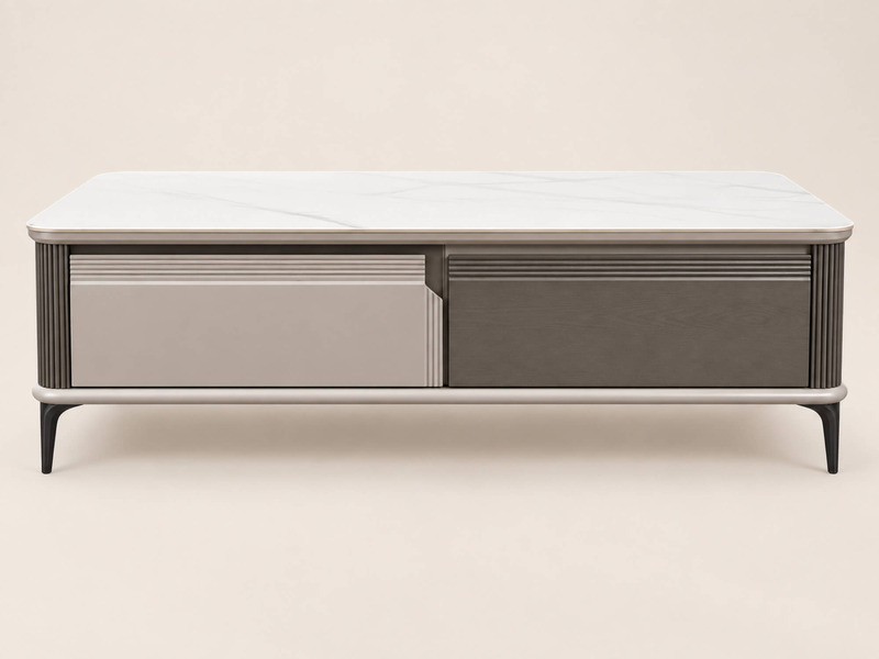 Bàn Sofa FIRENZE BT1600 chụp chính diện, thể hiện sự đối xứng. Mặt bàn đá công nghiệp trắng vân mây, thân bàn gỗ công nghi…