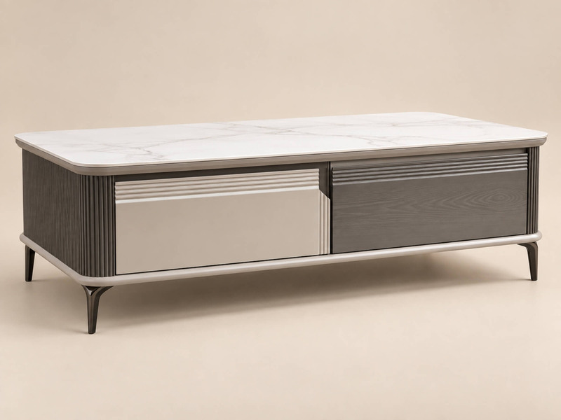 Bàn Sofa FIRENZE BT1600 chụp góc nghiêng, nổi bật mặt đá công nghiệp vân mây trắng và thân bàn gỗ công nghiệp xám ghi. Hai…