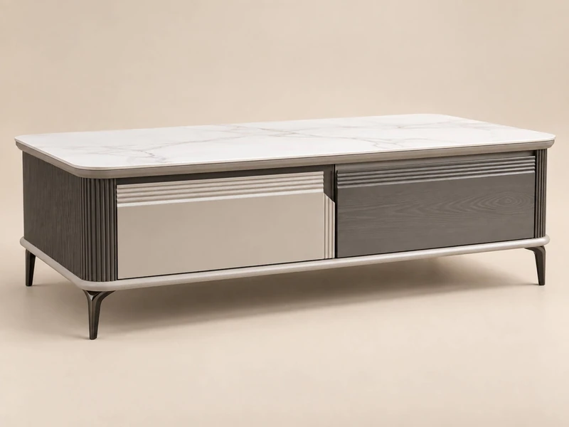 Bàn Sofa FIRENZE BT1600 chụp góc nghiêng, nổi bật mặt đá công nghiệp vân mây trắng và thân bàn gỗ công nghiệp xám ghi. Hai…