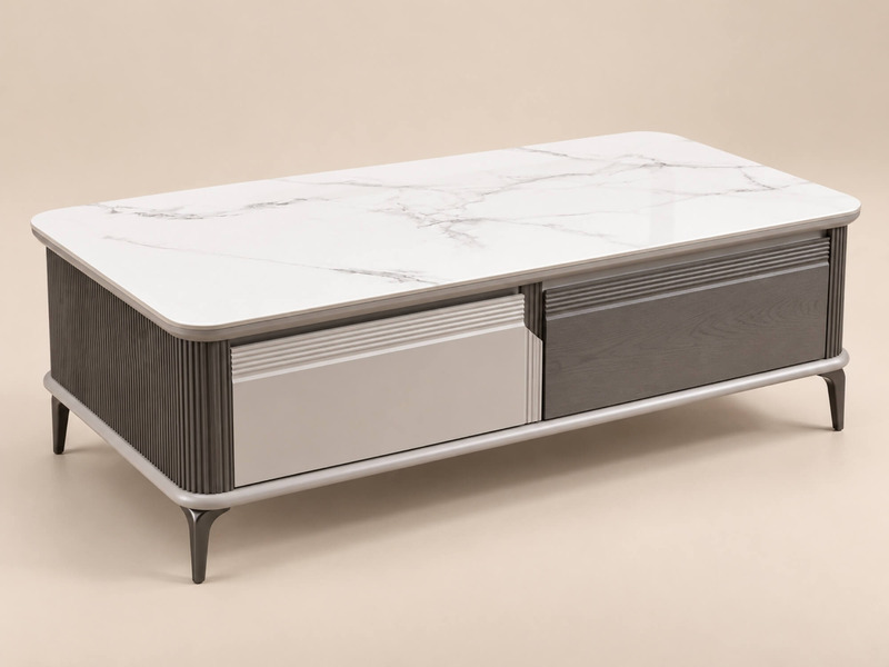Bàn Sofa FIRENZE BT1600 chụp từ góc cao, nhấn mạnh mặt bàn đá công nghiệp rộng rãi với vân mây tự nhiên. Thân bàn xám ghi…