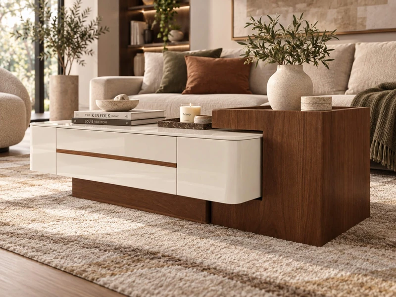Bàn trà đôi ARLO BTK9876 được đặt trong không gian phòng khách hiện đại, với bàn lớn mặt đá vi tinh thể trắng vân mây và h…