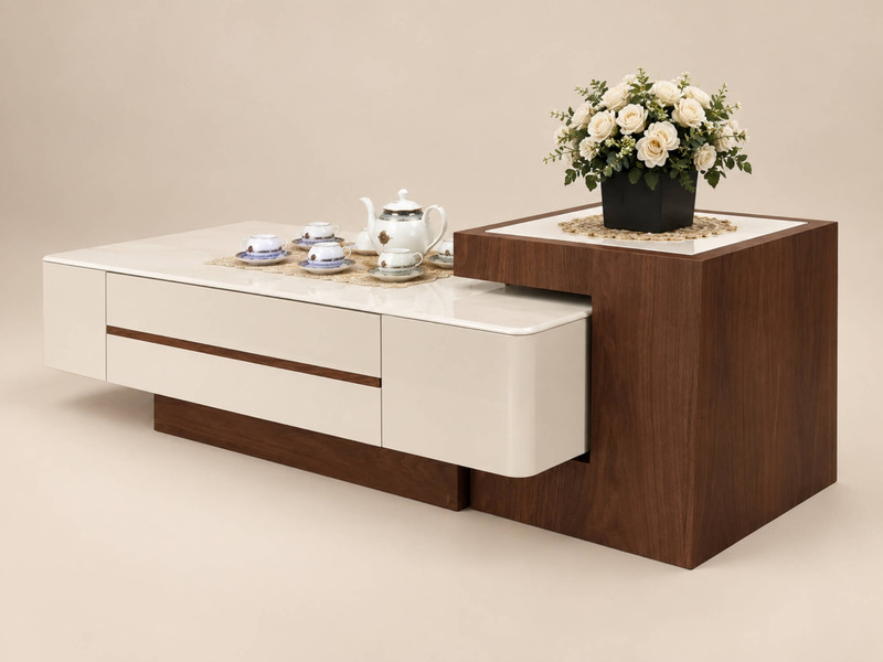 Bàn trà đôi ARLO BTK9876 được trang trí với bộ ấm trà và lọ hoa, thể hiện công năng sử dụng thực tế. Bàn lớn mặt đá trắng…