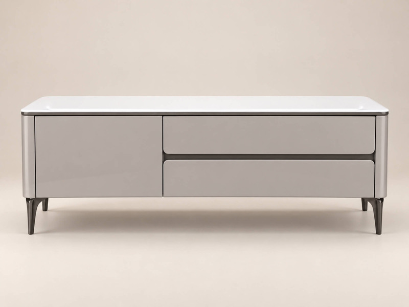 Bàn trà ARLUNE BT8635 chụp chính diện trên nền be trơn, thể hiện rõ thiết kế tối giản và hiện đại. Thân bàn màu be sáng bó…