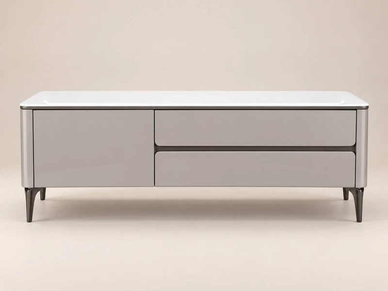 Bàn trà ARLUNE BT8635 chụp chính diện trên nền be trơn, thể hiện rõ thiết kế tối giản và hiện đại. Thân bàn màu be sáng bó…
