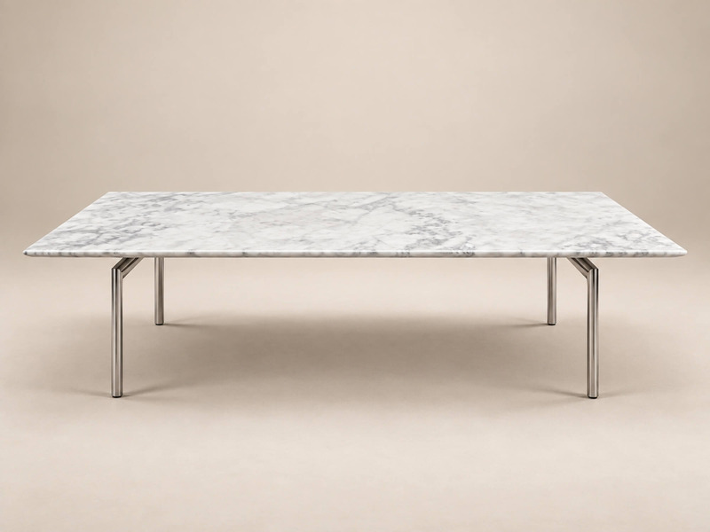 Bàn trà CARRARA BTCJ336 chụp chính diện, tập trung vào tổng thể hình dáng chữ nhật của mặt đá tự nhiên vân mây. Bốn chân b…