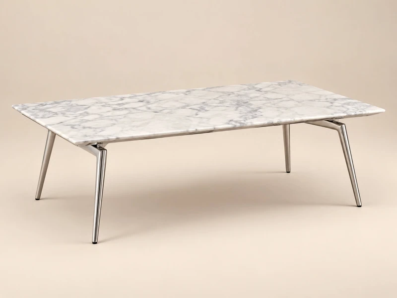 Bàn trà CARRARA BTCJ336 chụp từ góc chéo phía trước, nổi bật mặt đá tự nhiên vân mây trắng xám hình chữ nhật. Chân bàn làm…