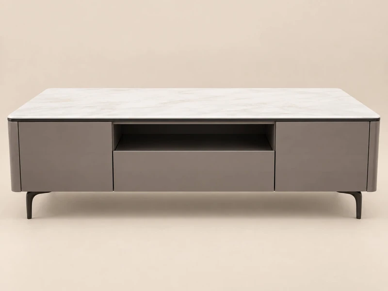 Bàn trà MONZA BT2515 được chụp chính diện trên nền studio màu be đơn sắc. Bàn có mặt đá thạch anh trắng vân, thân bàn màu…