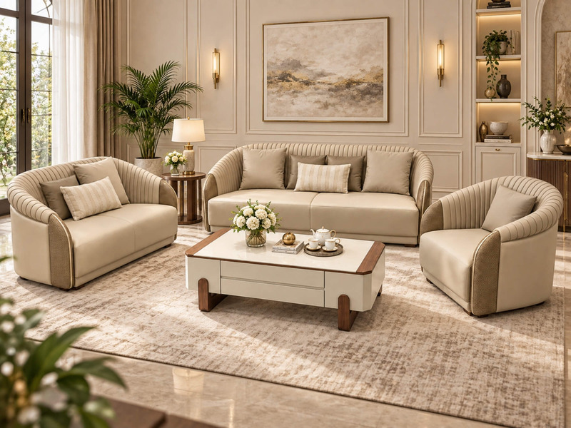 Bộ sofa ELOWEN luxury đầy đủ gồm sofa băng 3, sofa băng 2, hai ghế đơn và bàn trà, được bài trí trong không gian phòng khá…