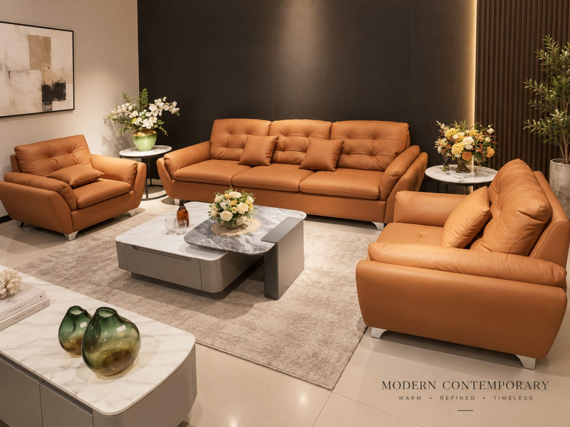 Toàn cảnh bộ sofa ELVANE phong cách hiện đại với một ghế băng dài, một ghế băng đơn và một ghế bành, bọc da nhân tạo màu n…