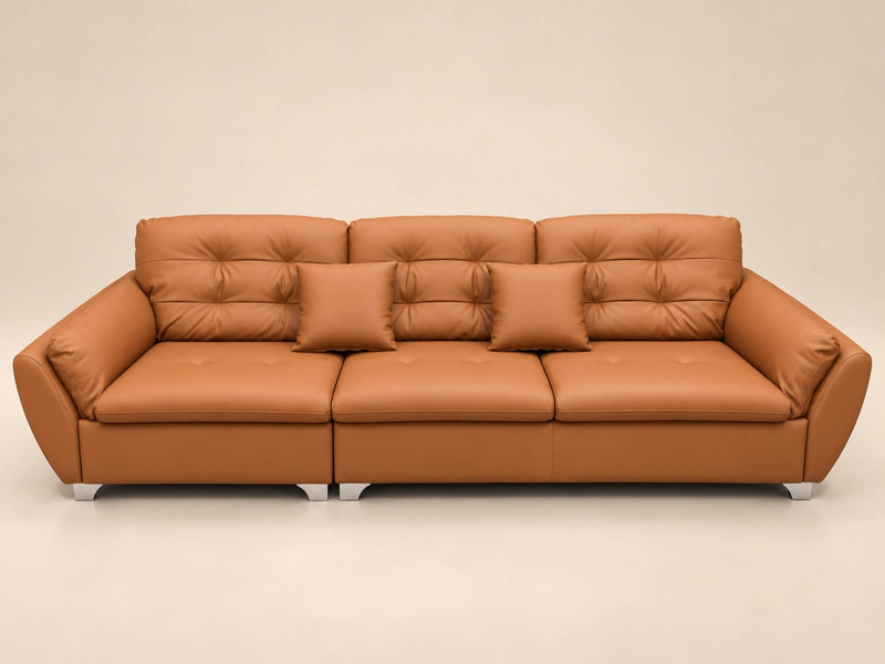 Cận cảnh ghế băng 3 của bộ sofa ELVANE, nổi bật với thiết kế đệm ngồi và tựa lưng phồng, bọc da nhân tạo màu nâu da bò. Cá…