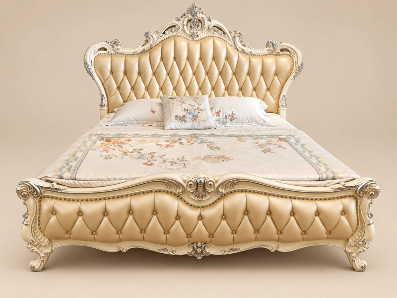 Giường ngủ tân cổ điển ROCOCO bọc da màu trắng ngọc trai, họa tiết dát vàng, được chụp chính diện trên nền be. Giường có đ…
