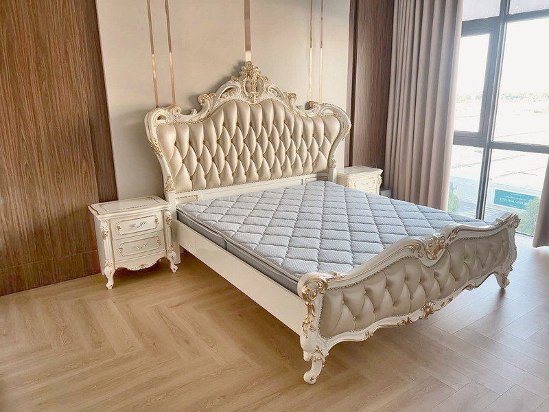 Giường tân cổ điển bọc da đầu giường chần khuy bấm tại nhà khách hàng – Nội Thất Gia Khánh
