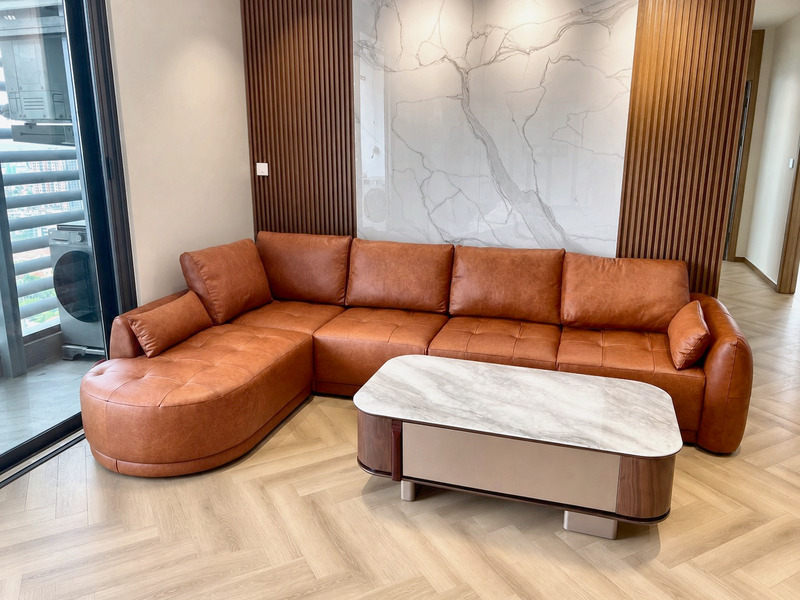 Sofa góc L da cam đất tại nhà khách hàng – Nội Thất Gia Khánh