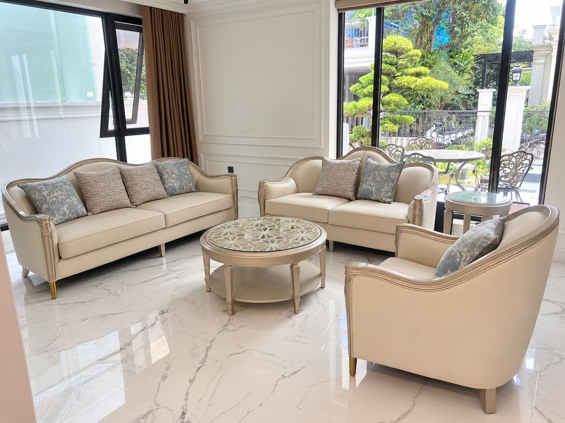 Bộ sofa tân cổ điển bọc màu kem viền chỉ mạ vàng tại nhà khách hàng – Nội Thất Gia Khánh